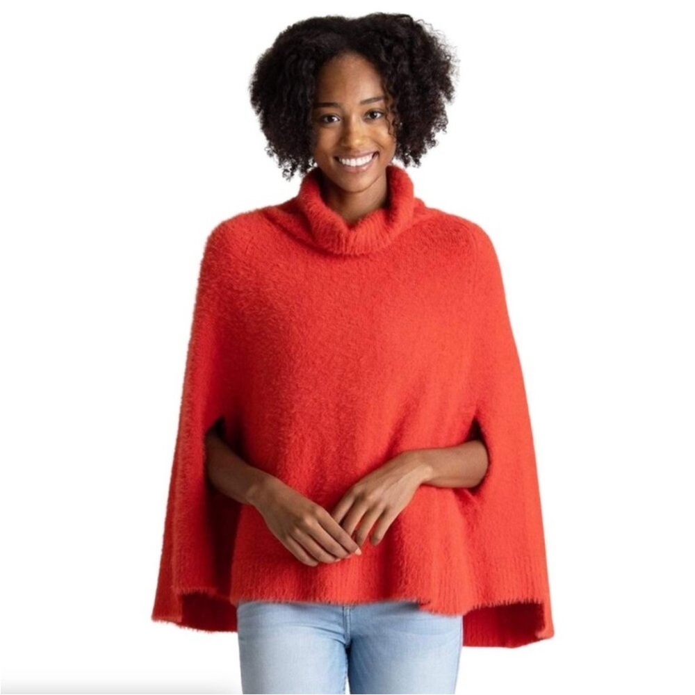 MERSEA Chalet Poncho Sweater in Aperol Cowl Turtleneck OS Fuzzy